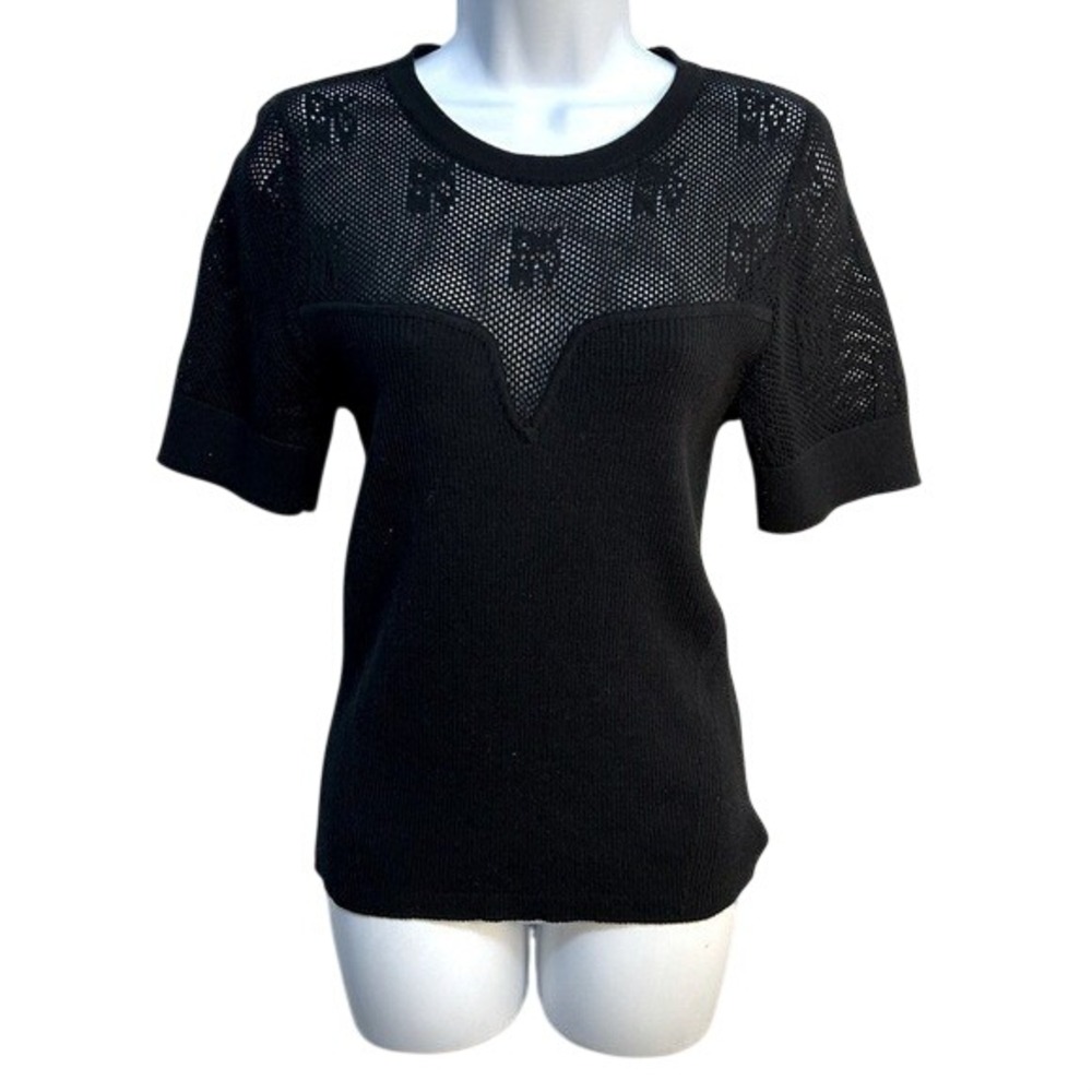 DKNY Black Logo‎ Mesh Yoke Ribbed Knit Short Sleeve Top Medium NEW